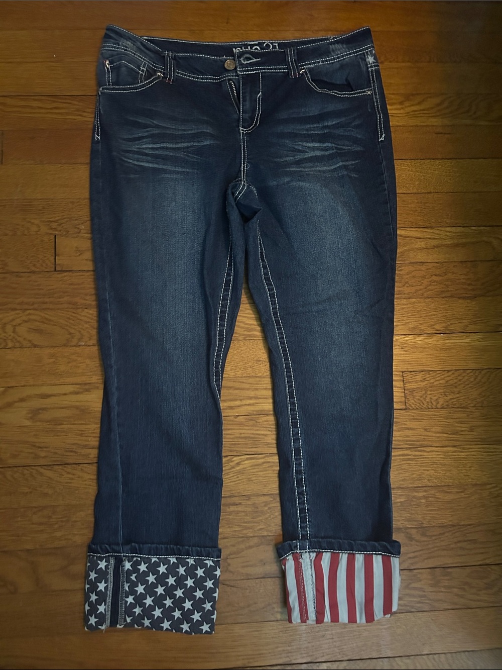 Vintage Rue21 Women's Dark Blue Crop Jeans with Star & Stripe Cuffs